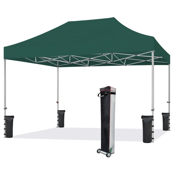 Eurmax USA 10'x15' Ez Pop Up Canopy Tent with Heavy Duty Roller Bag,Bonus 4 Sand Weights Bags（Emerald)