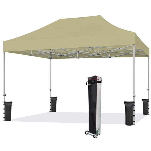 Eurmax USA 10'x15' Ez Pop Up Canopy Tent with Heavy Duty Roller Bag,Bonus 4 Sand Weights Bags（Sandy)