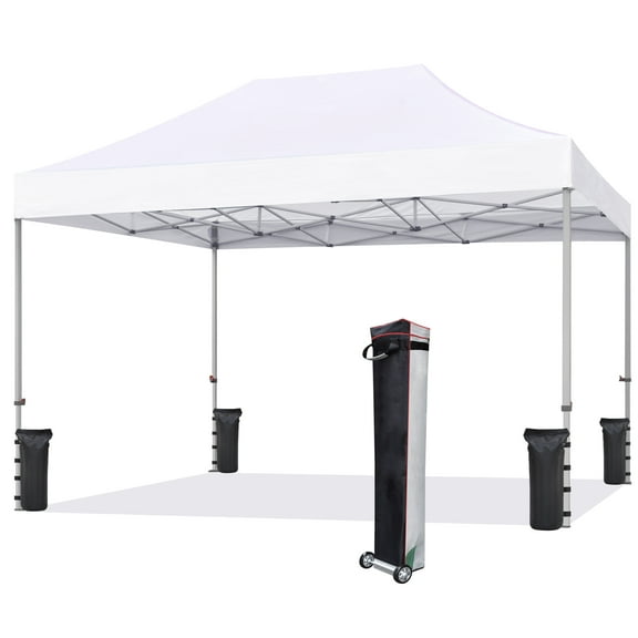 Eurmax 10'x15' Ez Pop Up Canopy Tent Commercial Instant Canopies with Heavy Duty Roller Bag,Bonus 4 Sand Weights Bags（White)