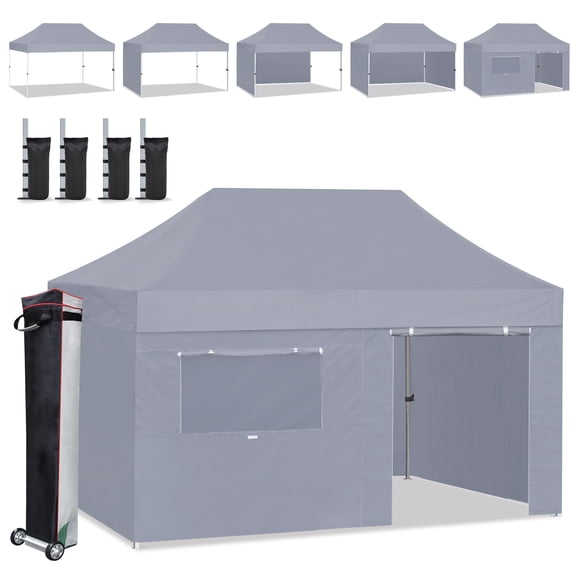 Eurmax USA 10'x15' Pop Up Canopy Tent with Heavy Duty Roller Bag,Bonus 4 Sand Weights Bags(Gray)