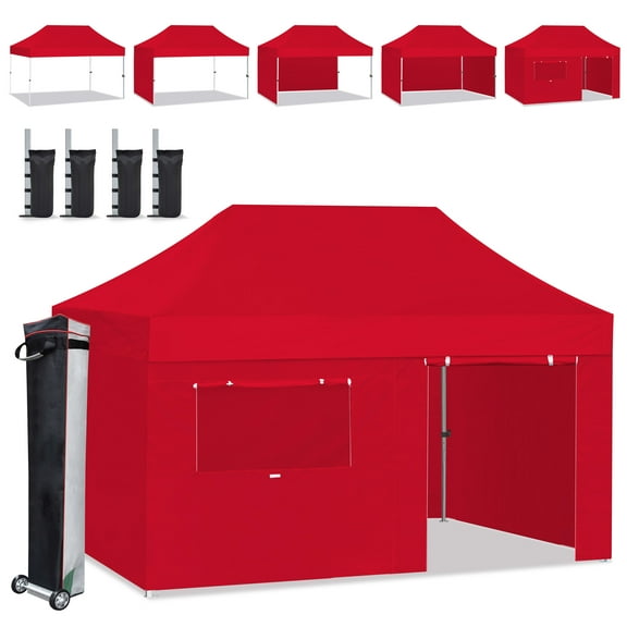 Eurmax USA 10'x15' Pop Up Canopy Tent with Heavy Duty Roller Bag,Bonus 4 Sand Weights Bags(Red)
