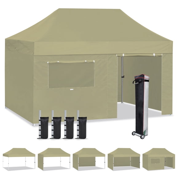 Eurmax USA 10'x15' Pop Up Canopy Tent with Heavy Duty Roller Bag,Bonus 4 Sand Weights Bags(Sandy)