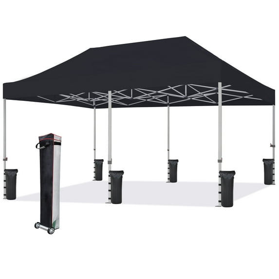 Eurmax USA 10'x20' Ez Pop Up Canopy Tent with Heavy Duty Roller Bag,Bonus 6 Sand Weights Bags (Blackl)