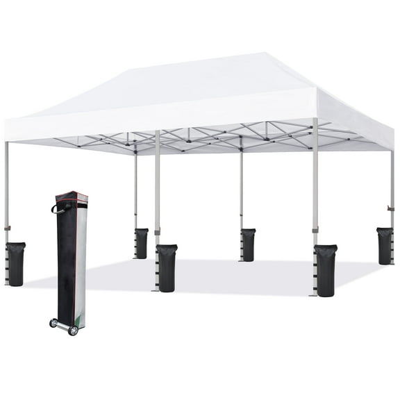 Eurmax USA 10'x20' Ez Pop Up Canopy Tent with Heavy Duty Roller Bag,Bonus 6 Sand Weights Bags (White)
