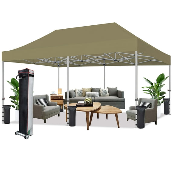 Eurmax USA 10'x20' Ez Pop Up Canopy Tent with Heavy Duty Roller Bag,Bonus 9 Sand Weights Bags (Khaki)