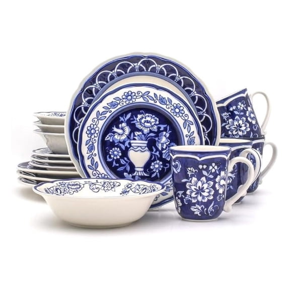 Euro Ceramica Blue Garden 16 Piece Oven Safe Hand Painted Stoneware Dinnerware Set, Service for 4, Bold Vase Design/Floral Pattern, White and blue
