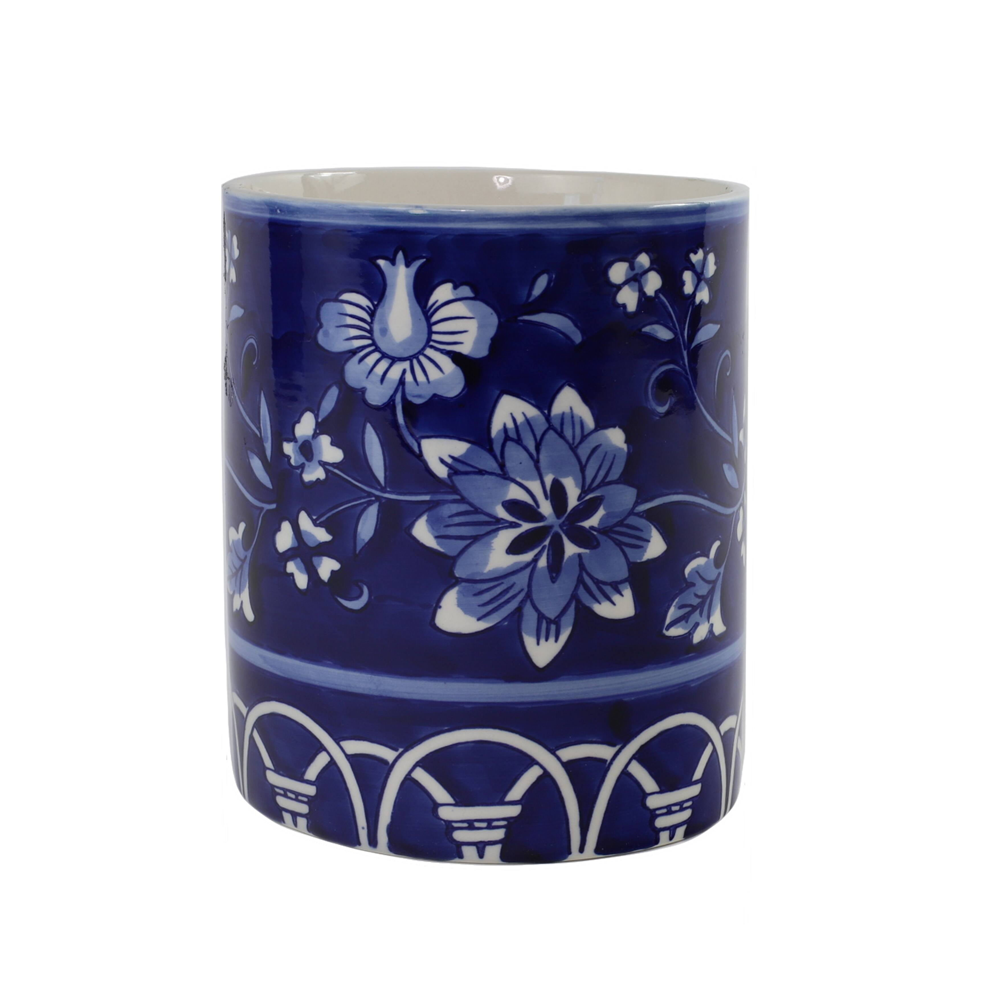 Blue and White Hand-Painted Ceramic Utensil Holder
