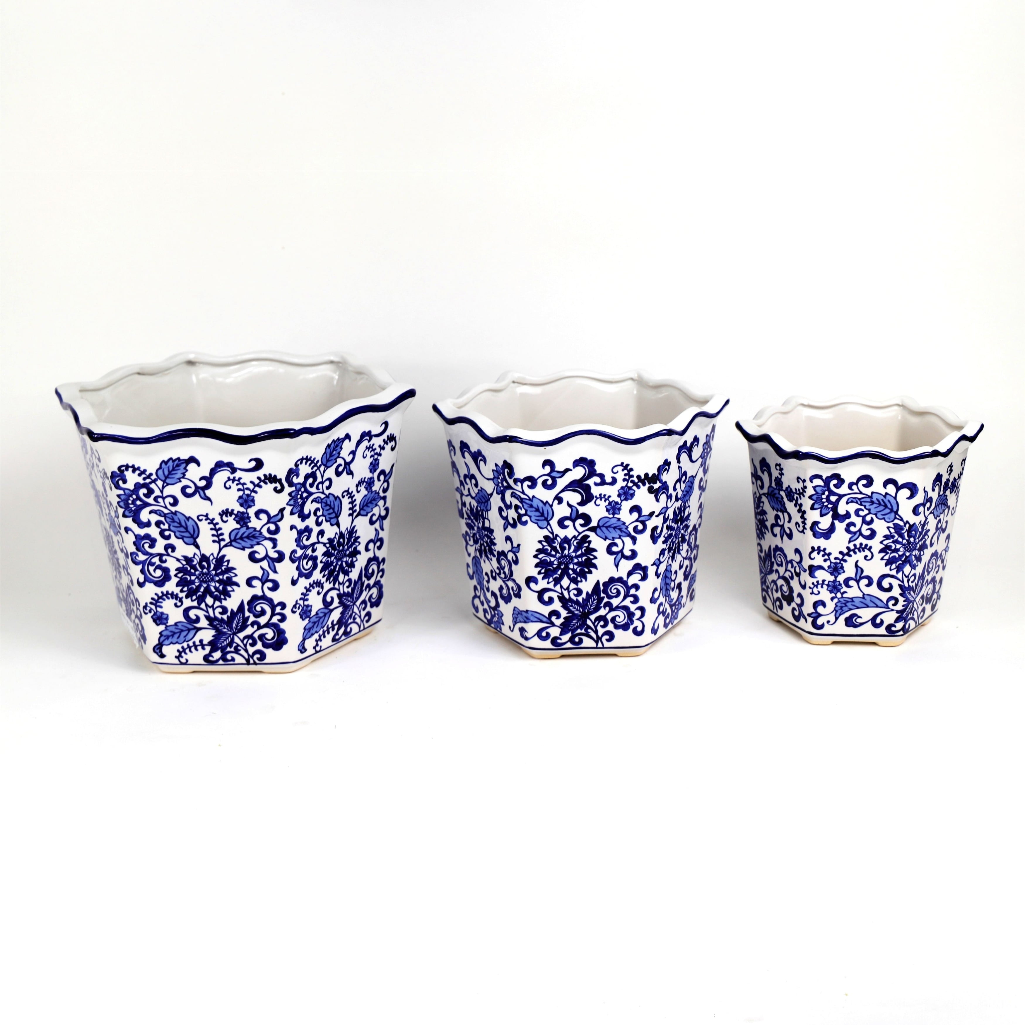 Blue and White Ceramic Chinoiserie Garden Planter Set