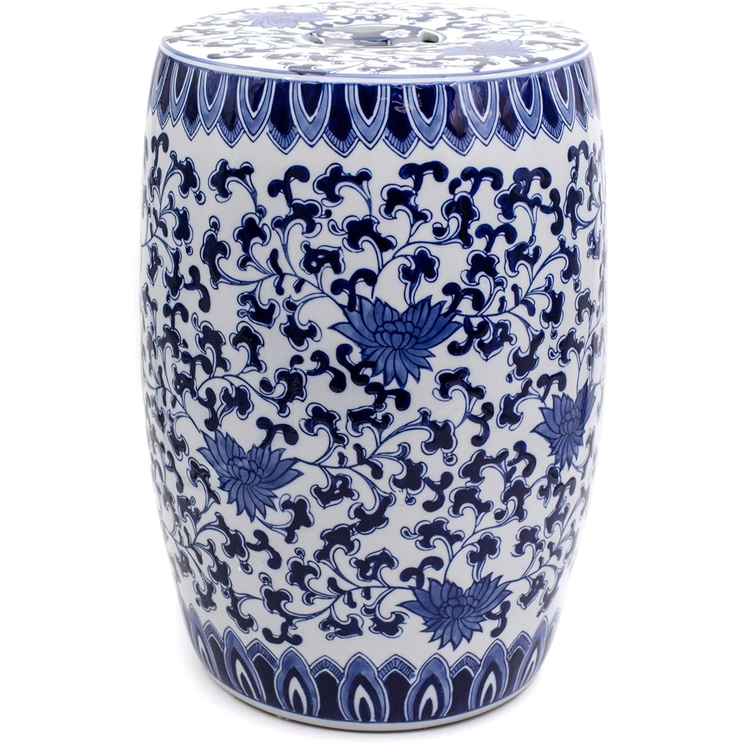 Blue and White Lotus Ceramic 16" Drum Stool
