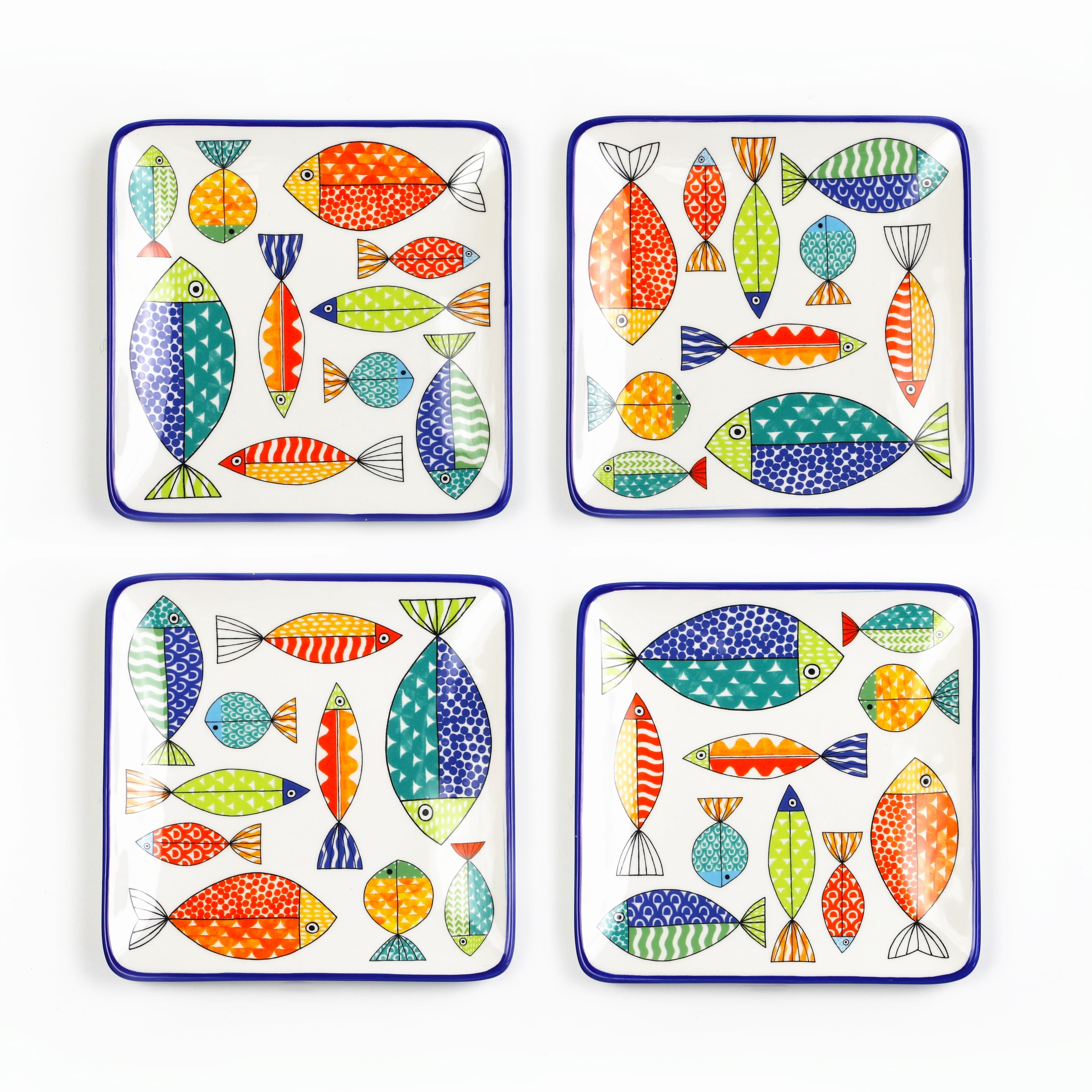 Colorful Fish Pattern Ceramic Square Appetizer Plates Set of 4