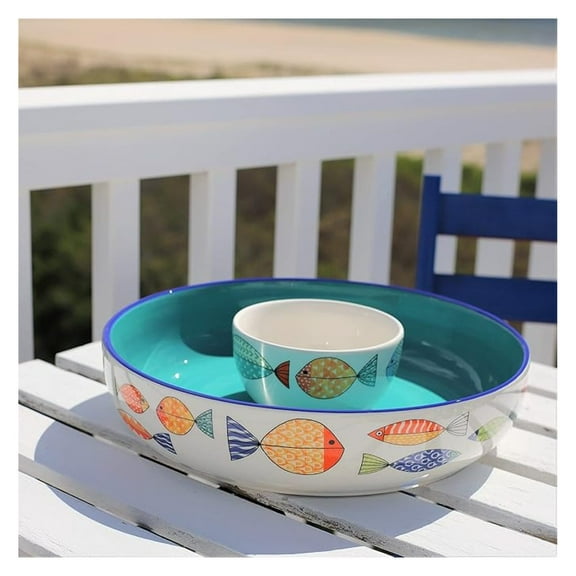 Euro Ceramica FreshCatch Collection Chip and Dip Serving Set (2 Bowls) - Indoor/Outdoor Use - Colorful Cute Fish Pattern on White (FRC-86-3918)