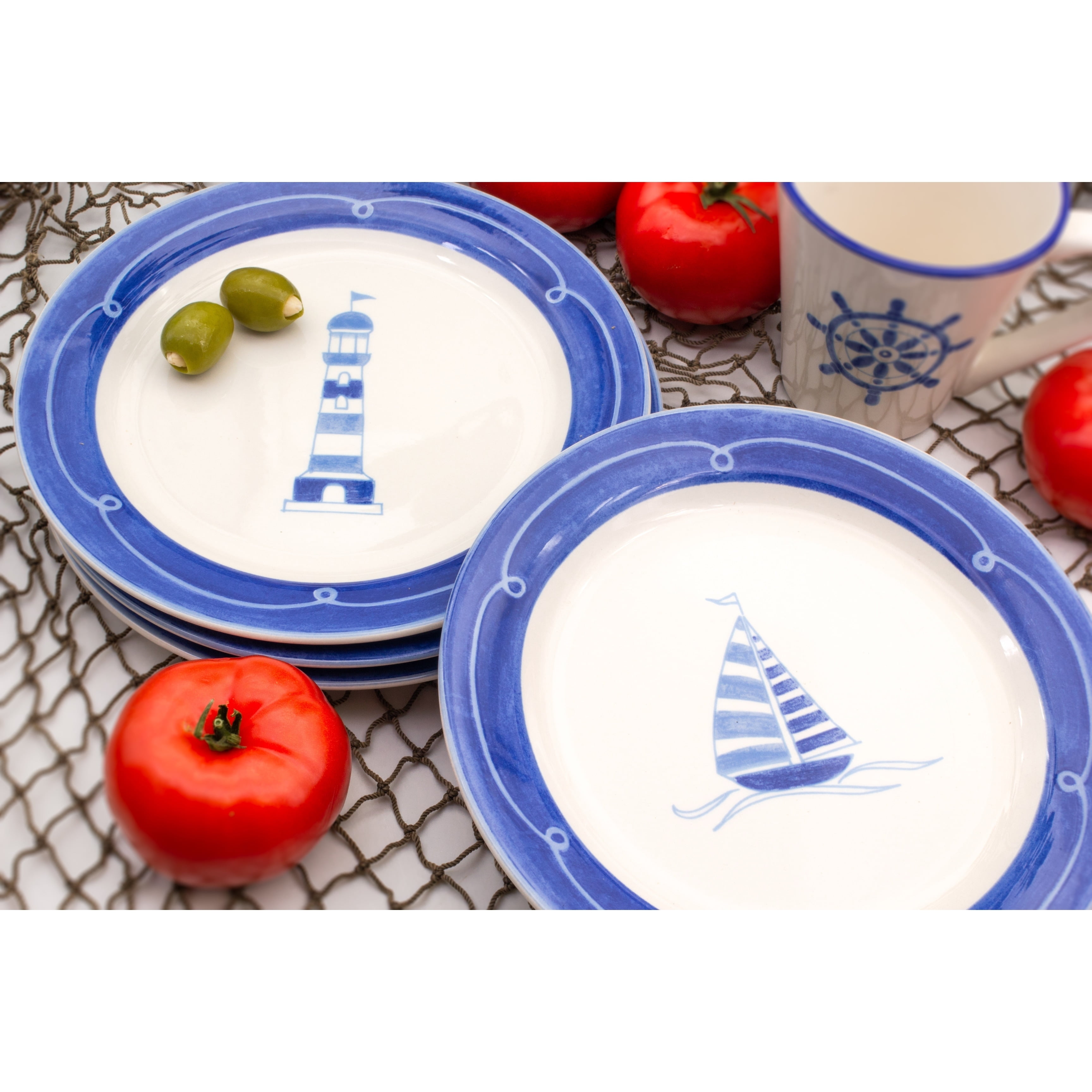 Nautical Blue and White Ceramic Salad Plates Set