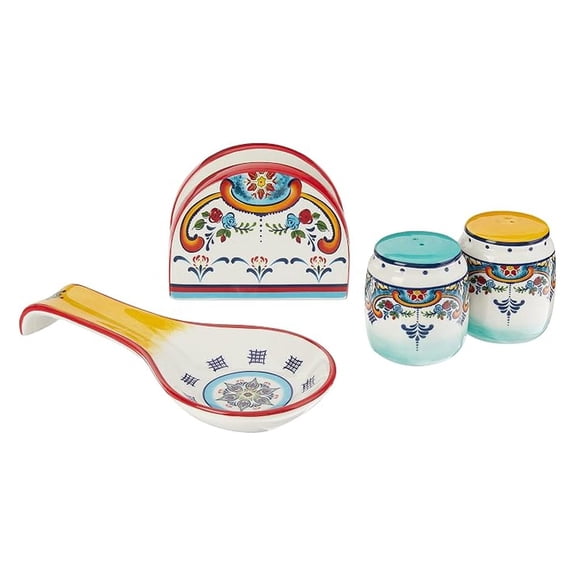 Euro Ceramica Zanzibar Collection Vibrant Ceramic Tableware Necessities, 4 Piece Completer Set, Spanish Floral Design, Multicolor