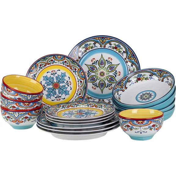 Euro Ceramica Zanzibar Double Bowl 16-Piece Dinnerware Set | Fine Kitchenware Floral Multicolor Design Stoneware Tableware Service For 4