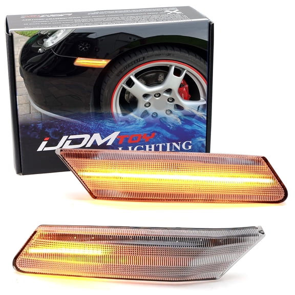 Euro Clear Lens Amber Sequential Blink LED Front Side Marker Light Kit For Porsche 2006-2012 Cayman/Boxster, 2005-2012 911, Powered by 60-SMD LED w/ Dynamic Blinking