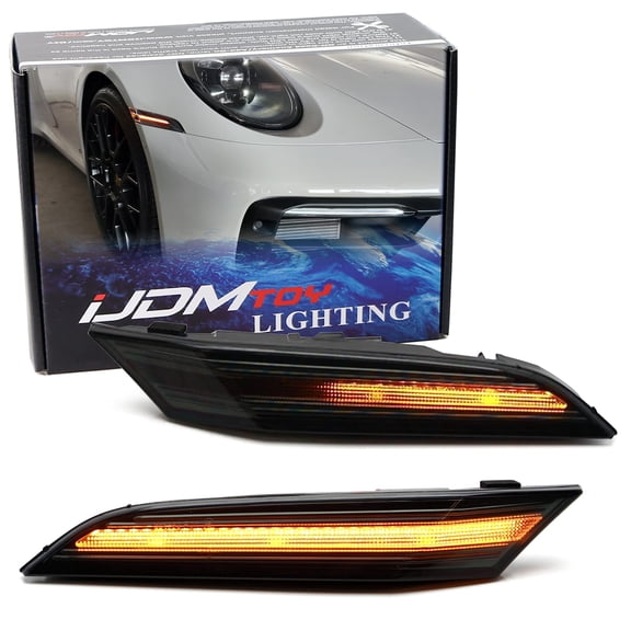 Euro Dark Smoked Lens Amber Sequential Blink LED Front Side Marker Light Kit For Porsche 2019-up 911 (992), Powered by 60-SMD LED w/Dynamic Blinking
