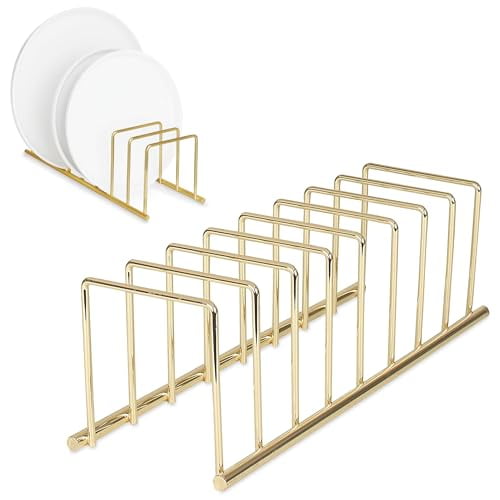 Euro Kitchen Organizer Metal Dish Rack Cutting Board Holder Stand for Countertop or Inside Cabinet Organization, 8 Slot Cutting Board Plate Drying Rack for Bakeware Storage, Gold