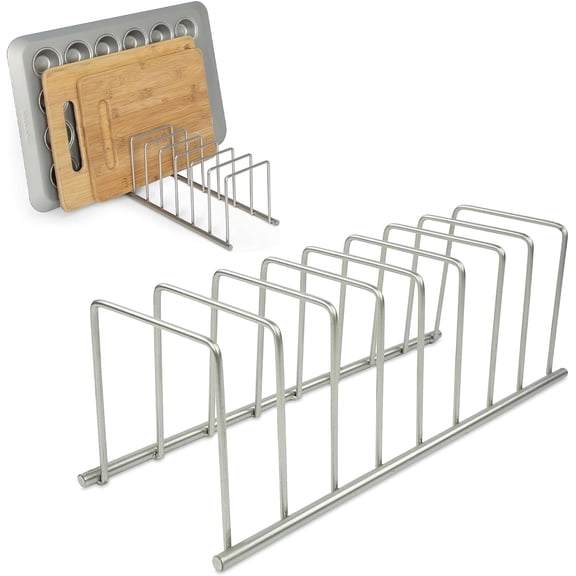 Euro Kitchen Organizer Metal Dish Rack Cutting Board Holder Stand for Countertop or Inside Cabinet Organization, 8 Slot Cutting Board Plate Drying Rack for Bakeware Storage, Satin Nickel