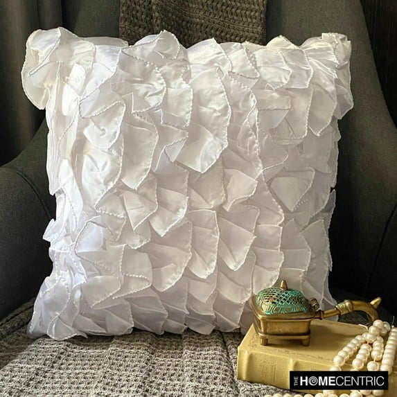 Euro Pillow, Decorative White European Shams 26x26 inch (65x65 cm), Satin Euro Pillow Covers, Solid Color, Ruffles, Modern European Sham Covers - Vintage Whites