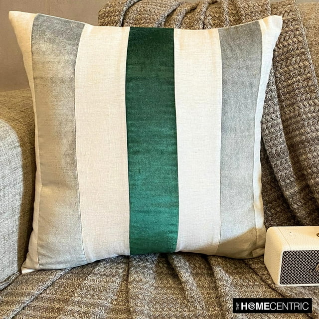 Euro Pillow Sham Covers, Emerald Green 26"x26" (65x65 cm) Euro Shams, Velvet Patchwork Euro Shams For Couch, Striped Pattern Modern Style - Velvet Band Emerald