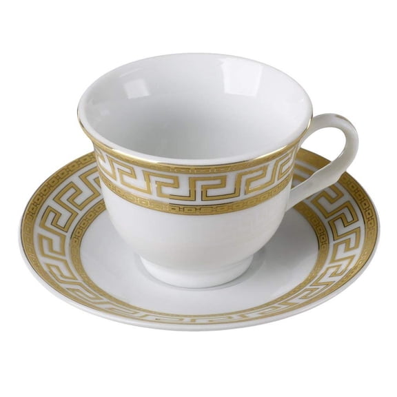 Euro Porcelain 12-Pc. 'Golden Greek Key' Tea Cup Coffee Set, Premium Bone China, 24K Gold-Plated, Complete Service for 6