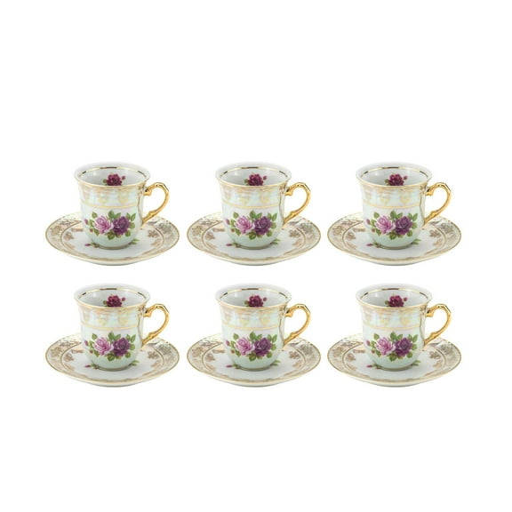 Euro Porcelain 12-Pc."Roses" Miniature Espresso Cup and Saucer Coffee Set (4 oz.), White Pearlescent Floral Pattern with 24K Gold-Plated Accents, Service for 6, Vintage Czech Tableware