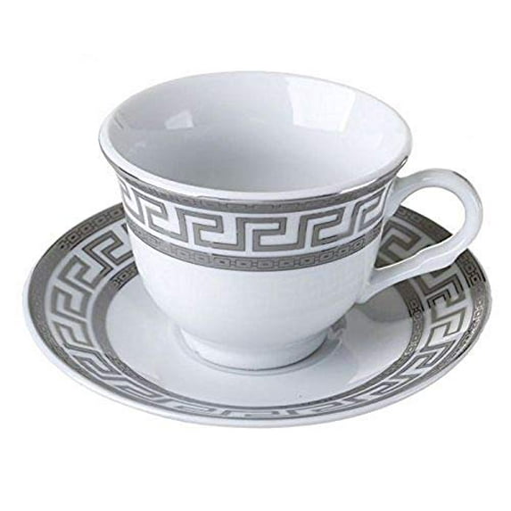 Euro Porcelain 12-Pc Silver Greek Key Tea Cup Coffee Set - 8 oz, Bone China, Service for 6