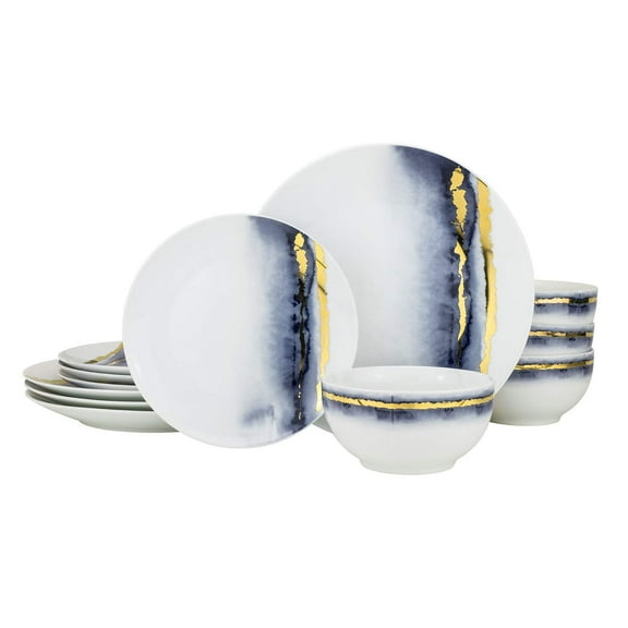 Euro Porcelain 12 Piece Marble Dining Dish Set - Service for 4, 24K Gold Plate Accents