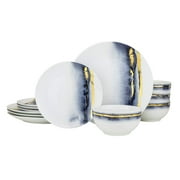 Euro Porcelain 12-Piece Oval Marble Dinner Plates Set - Service for 4, Blue