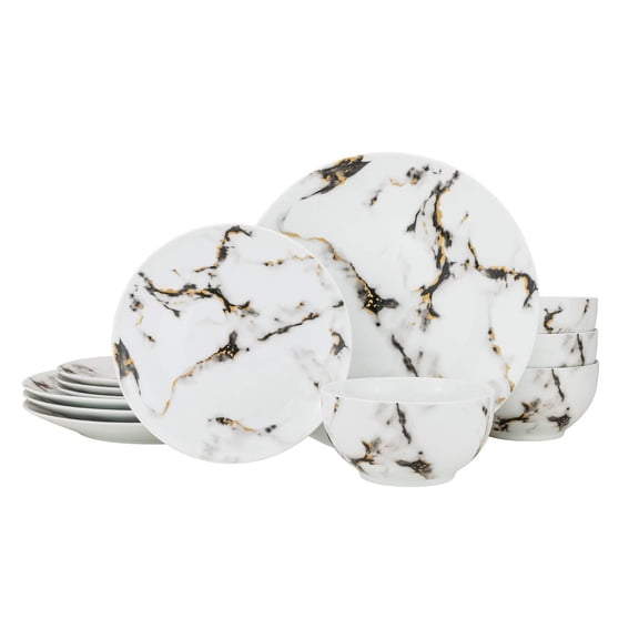 Euro Porcelain 12 pc. Marble Dining Dish Set Fine China Tableware w/ 24K Gold Plate Accents - Service for 4