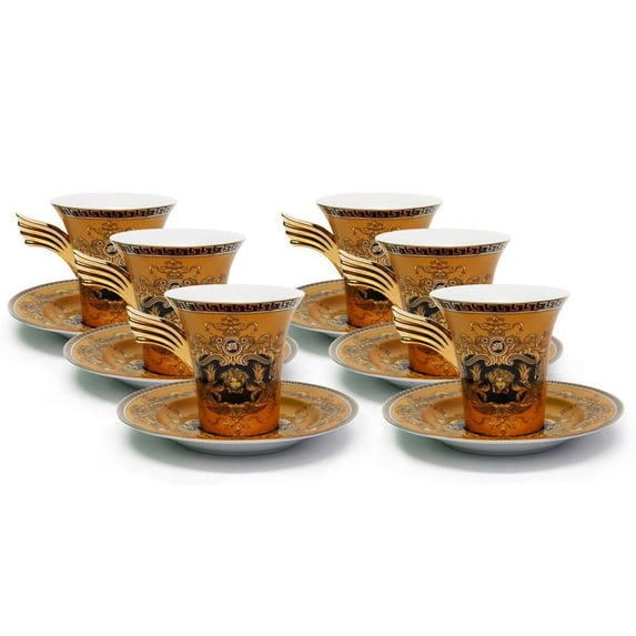 Euro Porcelain 12 pc Yellow Tea Set Medusa Greek Key 24K Gold Service for 6