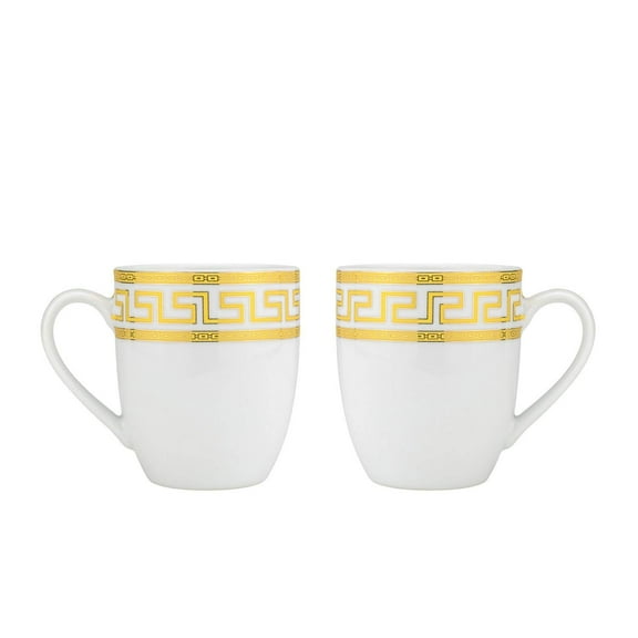 Euro Porcelain 2-Piece Greek Key Tea Cup Coffee Mug Drinkware Set - Gold Plated Accent