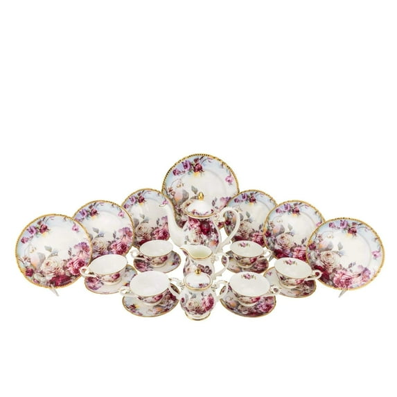 Euro Porcelain 24-pc. Vintage Tea Coffee Cup Dining Dessert Set 24K Gold Plated Roses Decorated Floral Pattern - Hand Painted Service for 6 Luxury Bone China Tableware