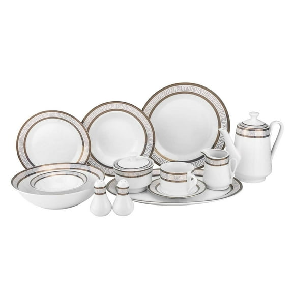 Euro Porcelain 57-pc Banquet Dinnerware Set, Luxury Tableware Dining Service for 8 (Greek Key Dark)