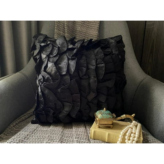 Euro Sham, Black European Sham Covers 26x26 inch (65x65 cm), Satin Euro Pillow Covers, Solid Color, Ruffles, Modern Euro Size Pillowcases Halloween Decorations - Vintage Black