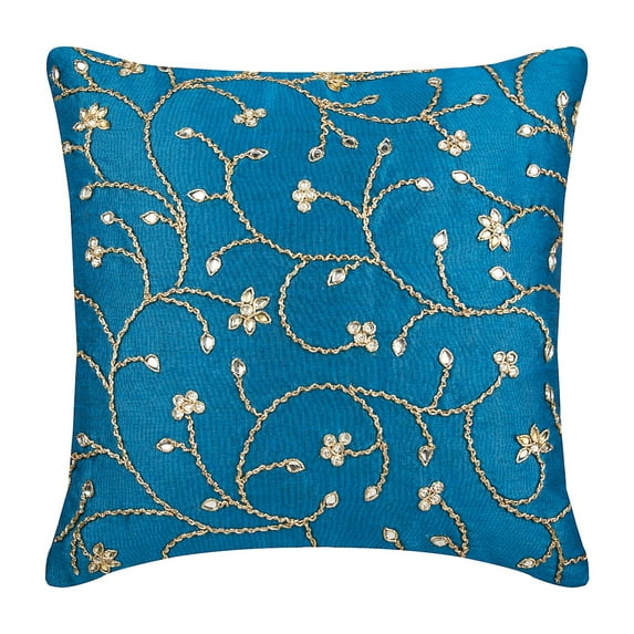 Euro Sham, Blue European Pillow Shams 26x26 inch (65x65 cm), Silk Euro Pillow Covers, Nature & Floral, Zardozi, Traditional European Shams - Peacock Blue Ivy