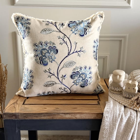 Euro Sham Pillow Cover, Decorative Blue 26"x26" (65x65 cm) Euro Size Shams, Linen Floral & Pearl Embroidery Euro Shams For Sofa, Nature & Floral Pattern Contemporary - Morning Flower
