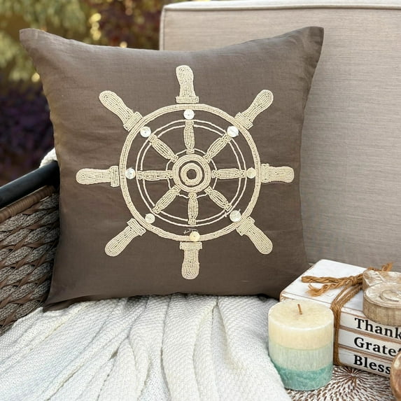 Euro Sham Pillow Covers, Brown European Sham Covers 26x26 inch (65x65 cm), Linen Euro Shams, Abstract, Sailor Wheel, Pearl, Beach Style European Pillow Covers - Sailboat Wheel