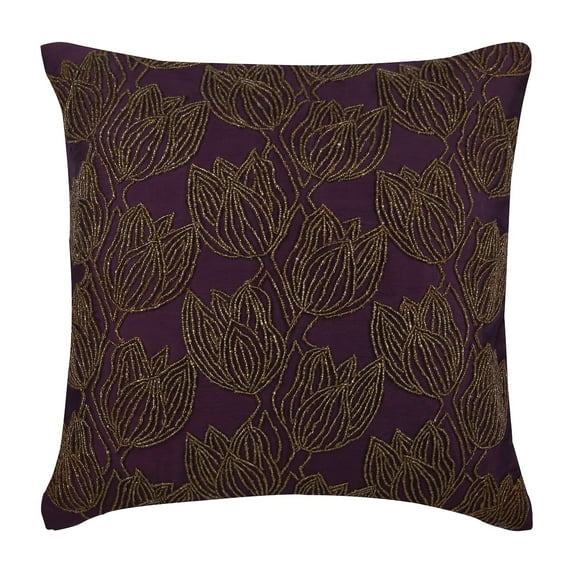 Euro Shams, Plum European Shams 26x26 inch (65x65 cm), Taffeta Euro Sham Covers, Nature & Floral, Tulips, Art Deco, Zardozi, Contemporary European Pillow Covers - Gold Tulips