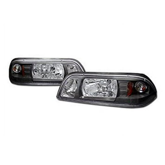 Euro Style 1 Piece Headlights Black Housing With Clear Lens Made For And Compatible With 1987 - 1993 Ford Mustang Fox Body 87 88 89 90 91 92 93