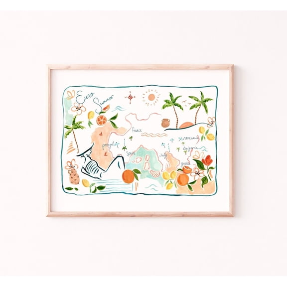 Euro Summer Map Art Print, Gouache (Multiple Sizes Available) Poster Art Print Home Decor, Unframed Poster Size 24x36 F03.1.20l420