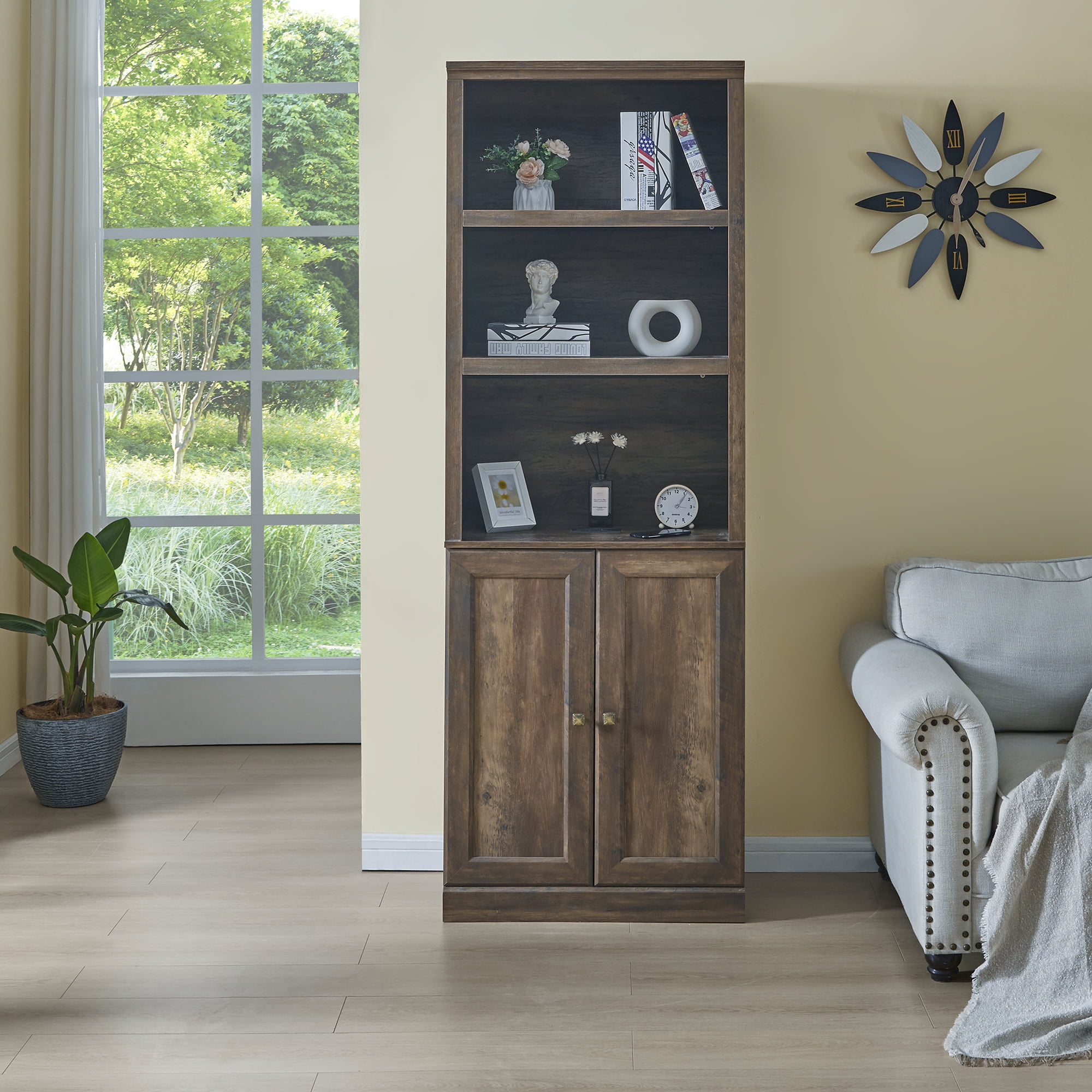 Euroco 1 Doors Bookshelf with USB Port and 3 Open Shelves Bookcase Side Cabinet Storage Shelves, Rustic Brown