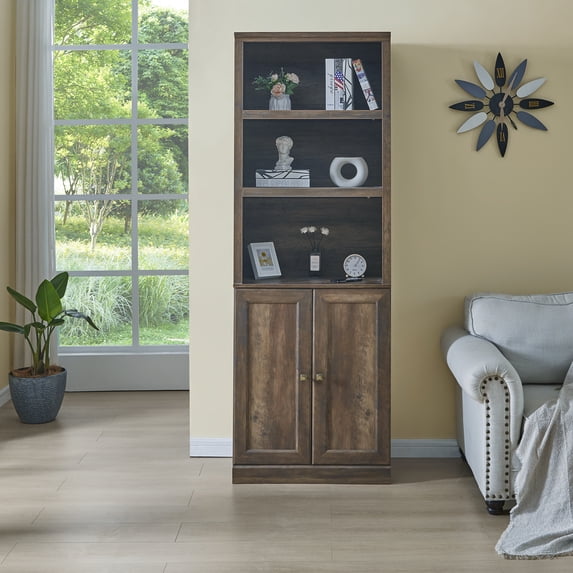Euroco 1 Doors Bookshelf with USB Port and 3 Open Shelves Bookcase Side Cabinet Storage Shelves, Rustic Brown