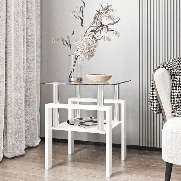 Euroco 1-Piece Modern Tempered Glass Tea Table Coffee Table End Table, Square Table for Living Room, Transparent/White