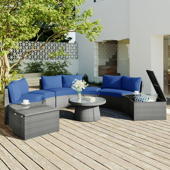 Euroco 10-Piece Outdoor Sectional Half Round Patio Rattan Sofa Set, PE Wicker Conversation Furniture Set for Free Combination, Blue