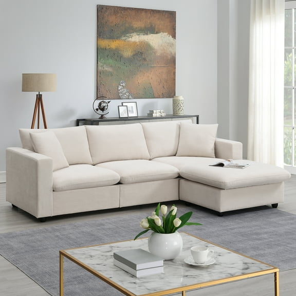 Euroco 100" Modern L-shaped Sofa 4-seat Sectional Sofa with 2 Pillows, Convertible Ottoman for Living Room, Apartment, Office, Beige