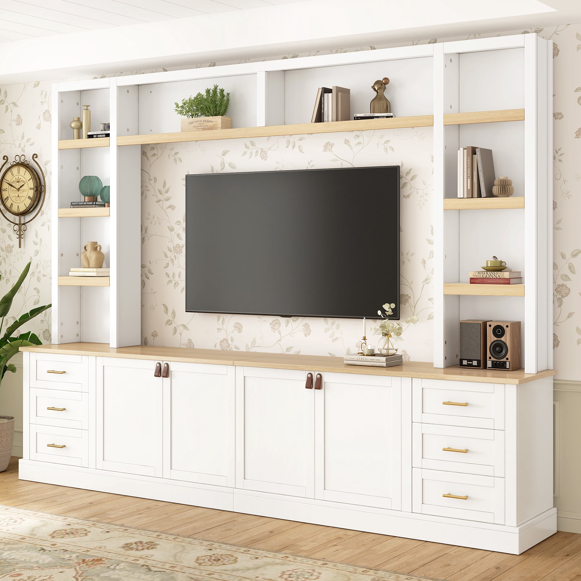 Euroco 102.3"W Farmhouse 4-Piece Entertainment Center Wall Unit with Adjustable Shelves, Modern Large TV Stand with Bookshelves
