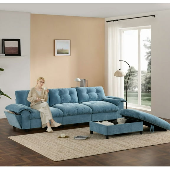 Euroco 104*60" Sectional Sofa, L-Shape with Multifunctional Armrest, Dual-Port Charging, Cup Holder, Side Storage Pockets, Movable Storage Ottoman, Unique Tufted Design, Soft Cushion, Chenille