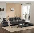 thumbnail image 1 of Euroco 104*60" Sectional Sofa, L-Shape with Multifunctional Armrest, Dual-Port Charging, Cup Holder, Side Storage Pockets, Movable Storage Ottoman, Unique Tufted Design, Soft Cushion, Chenille, 1 of 7