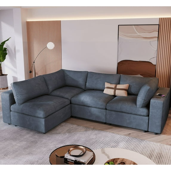 Euroco 106" Upholstered Modular Sofa with USB Charge Ports, Sectional Sofa with Wireless Charging and Built-in Bluetooth Speaker in Arm, 4-Seater Sofa for Living Room, Gray